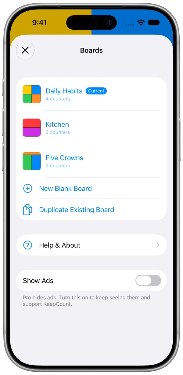 KeepCount Boards screen with Help & About
