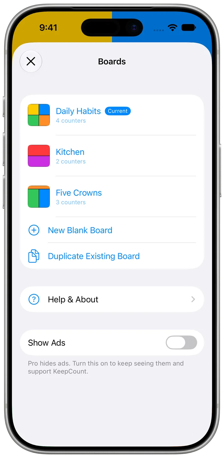 KeepCount Boards screen