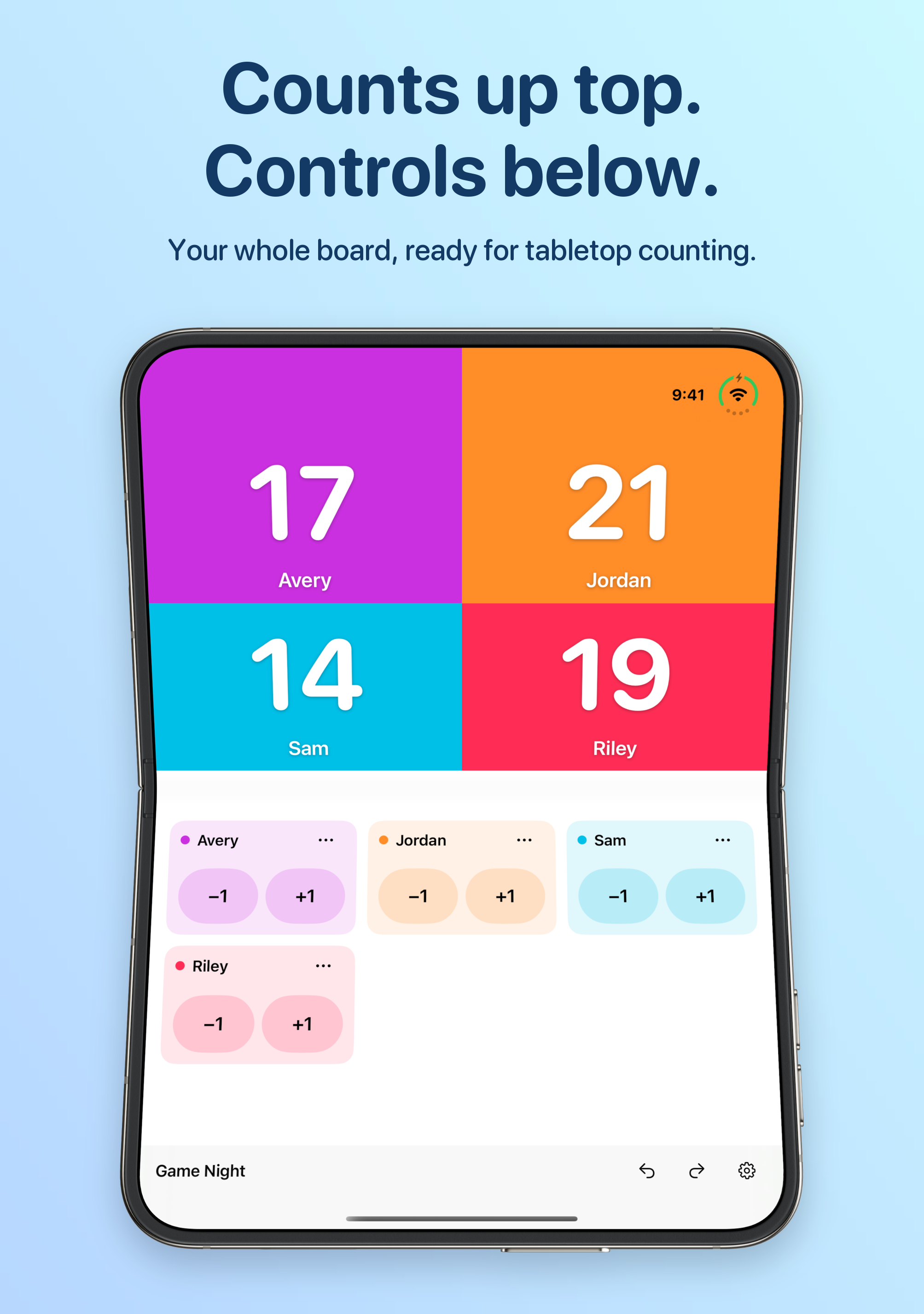 Counts up top. Controls below. Your whole board, ready for tabletop counting.