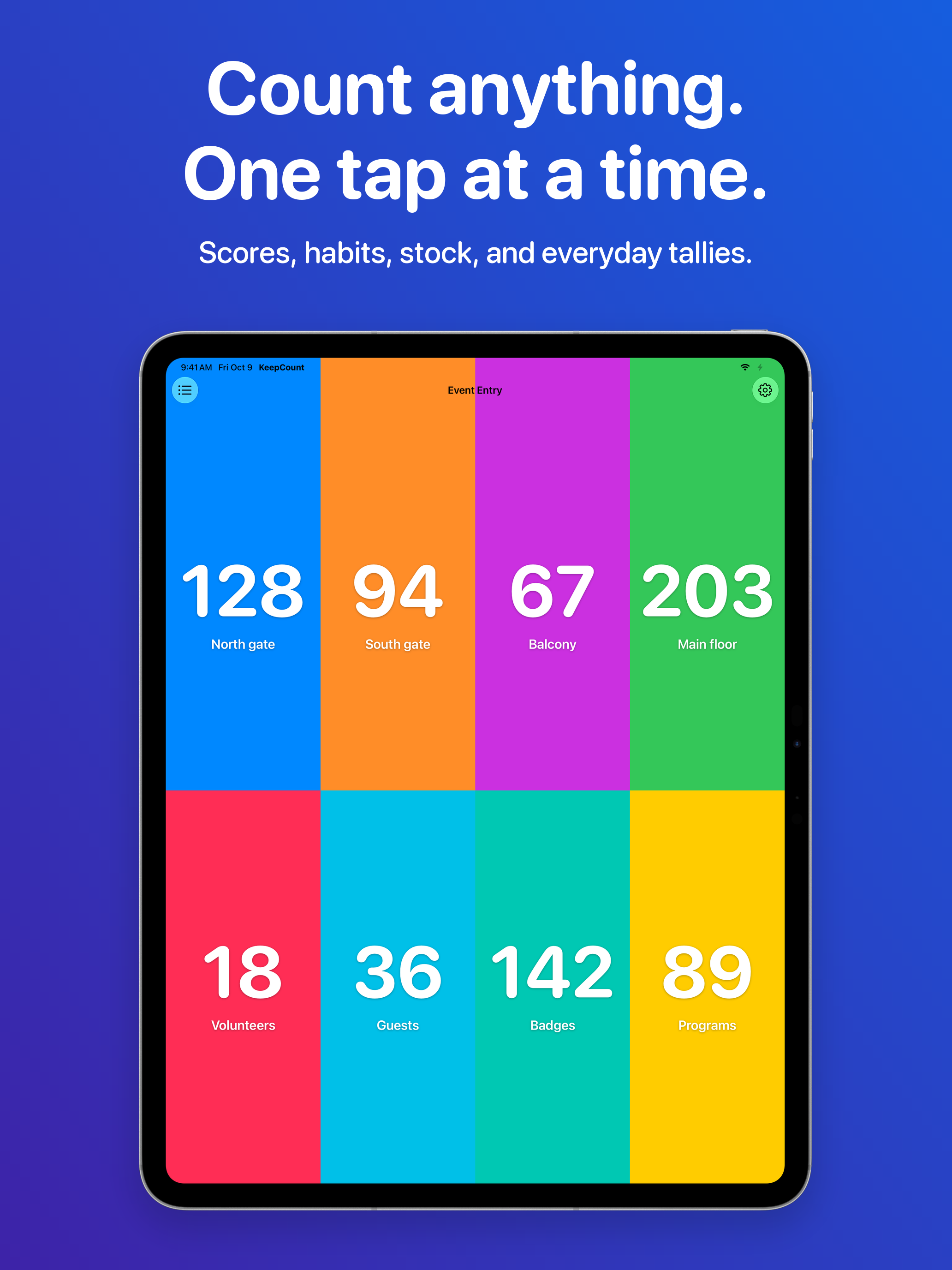 Count anything. One tap at a time. Scores, habits, stock, and everyday tallies.